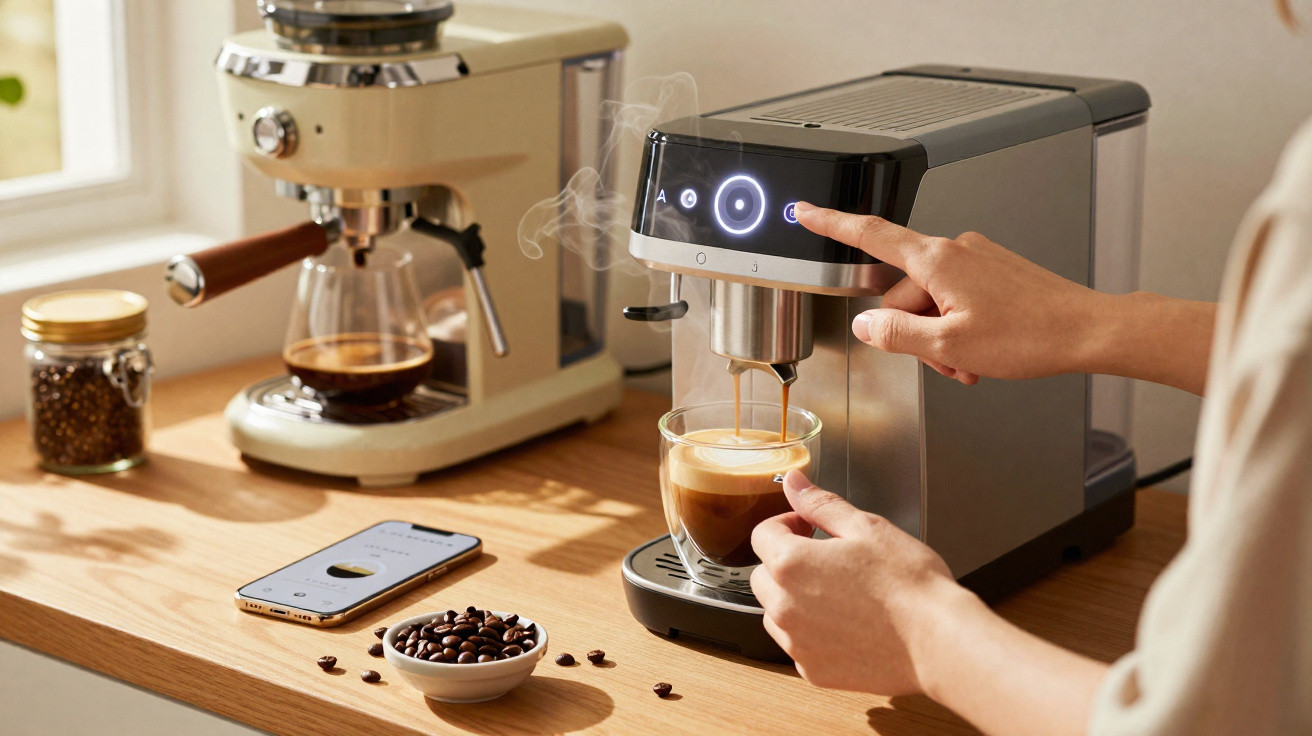 Pessoa a preparar café numa máquina automática moderna na cozinha iluminada pela luz do dia.