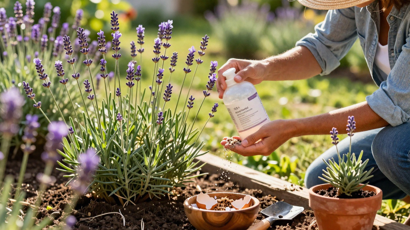Pessoa a aplicar fertilizante líquido em plantas de lavanda num canteiro de jardim ensolarado.
