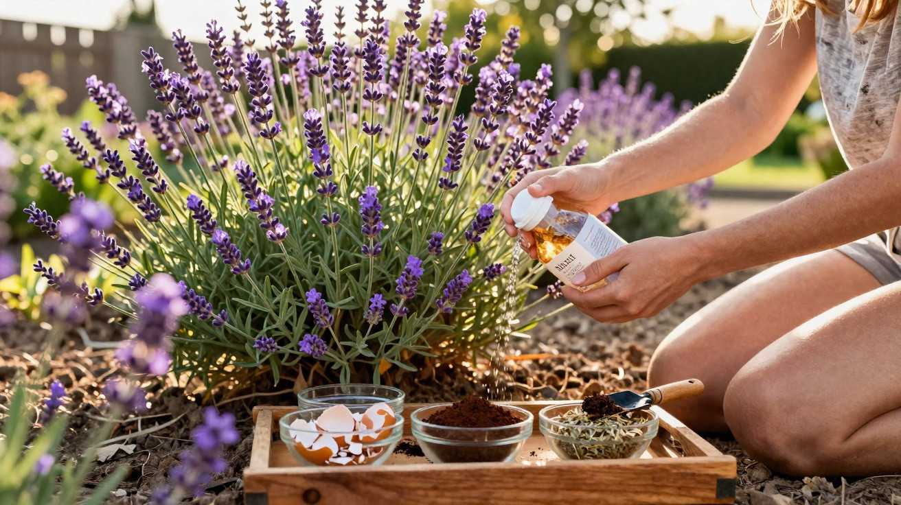 Pessoa a aplicar fertilizante junto a uma planta de lavanda com recipientes de ingredientes naturais.