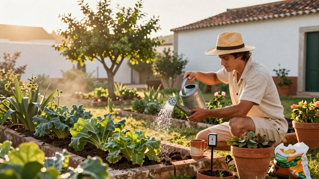 Jovem de chapéu a regar plantas num jardim caseiro ao pôr do sol.