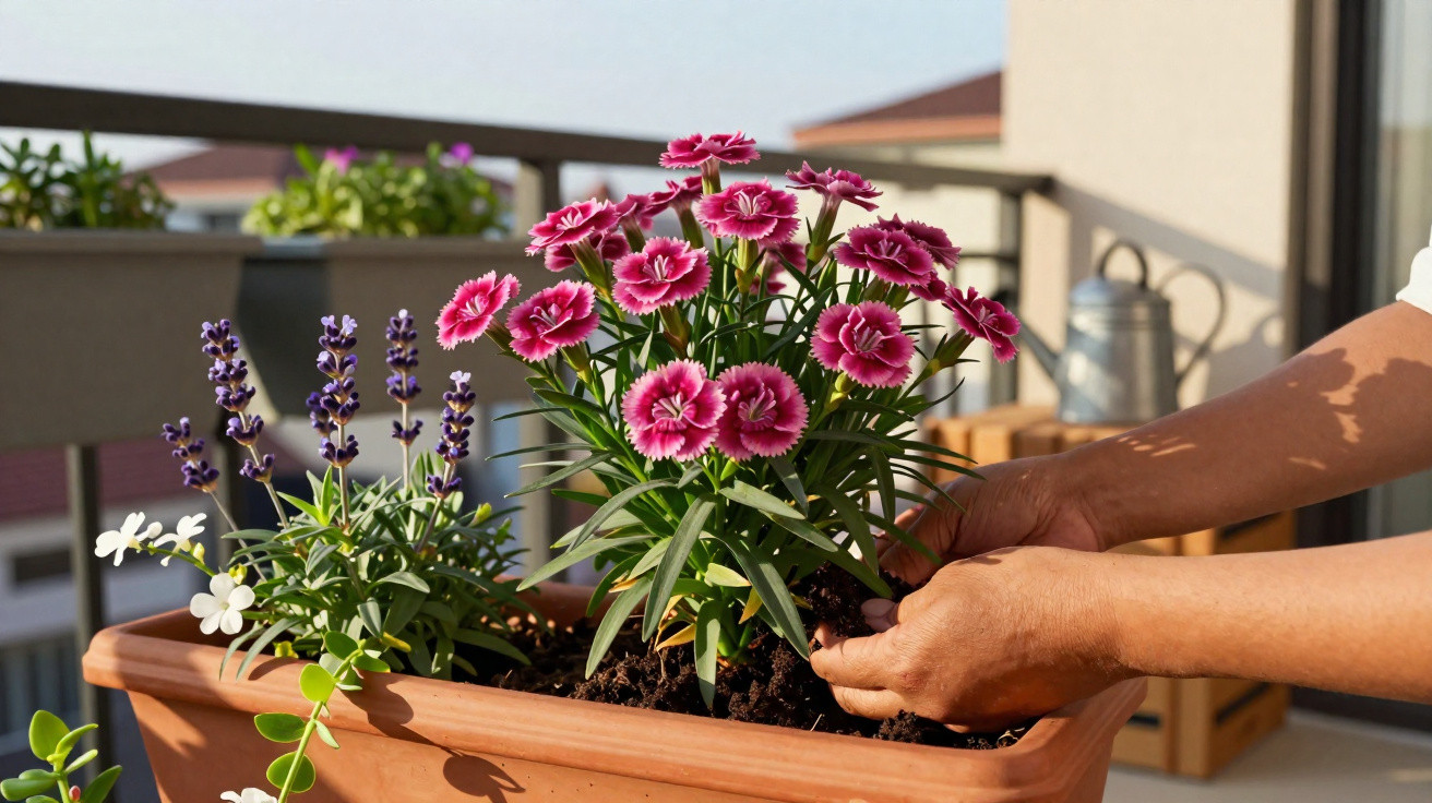 Mãos a cuidar de flores cor-de-rosa e lilás num vaso retangular num terraço ensolarado.