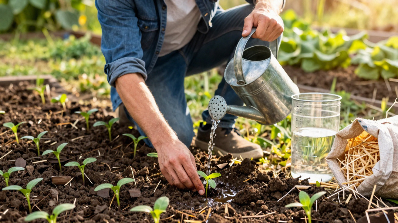 Pessoa a regar pequena planta num canteiro de terra com regador metálico no jardim.