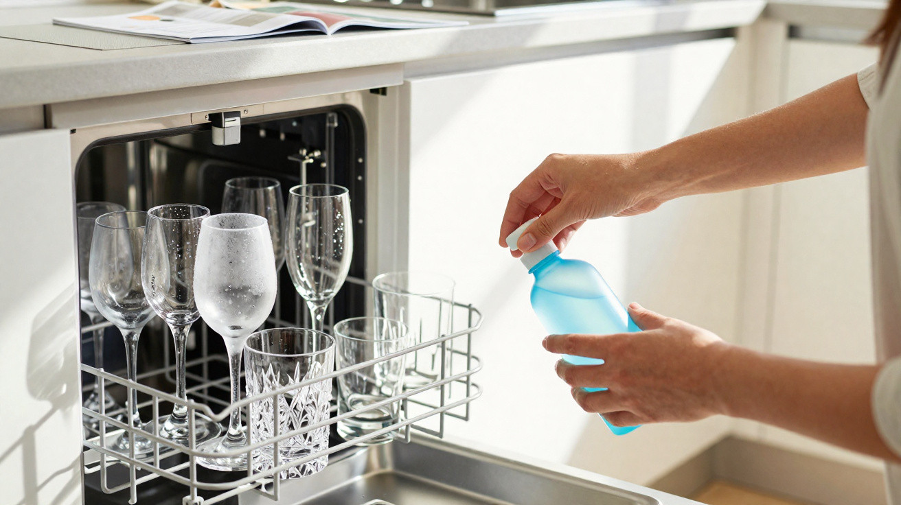 Pessoa a colocar detergente azul numa máquina de lavar louça cheia de copos transparentes, na cozinha.