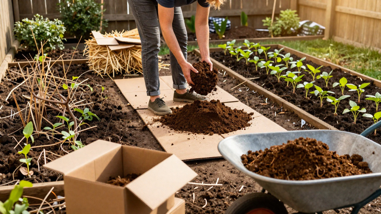 Pessoa a trabalhar em jardim de vegetais, espalhando terra junto a plantas jovens e ferramentas de jardinagem.
