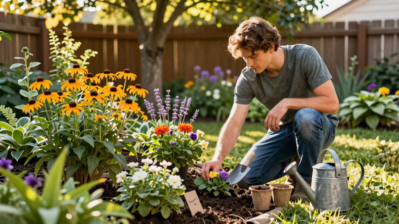 Homem a jardinar flores coloridas num jardim ensolarado, com regador e ferramentas ao lado.