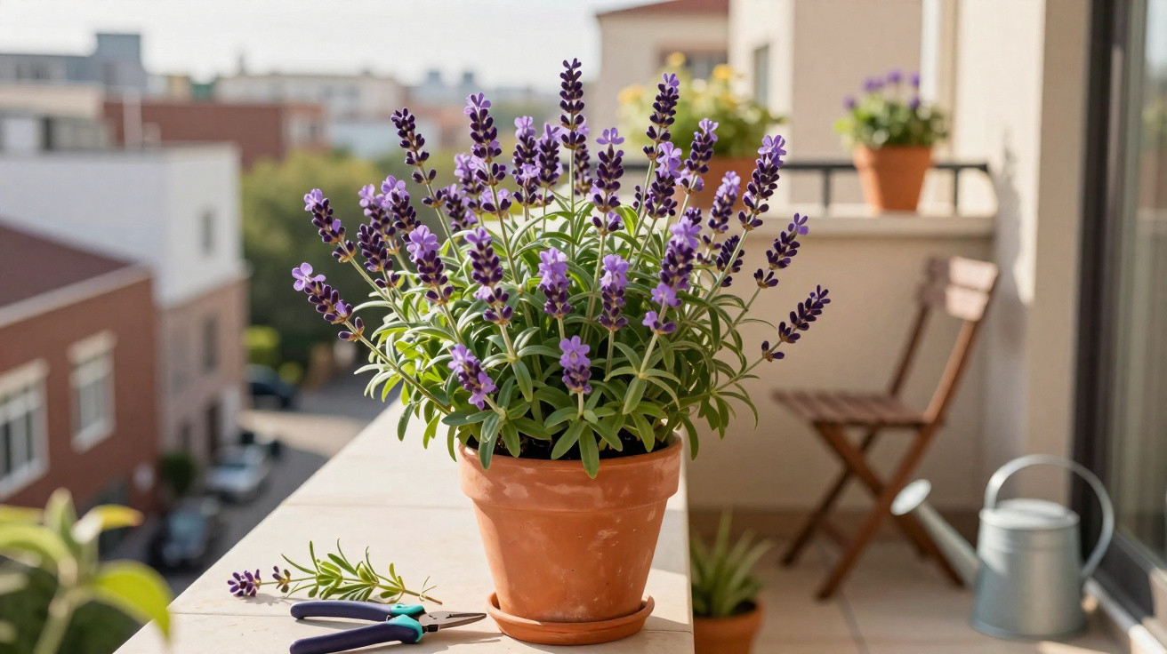 Vaso de barro com planta de lavanda num parapeito de varanda iluminada pelo sol.