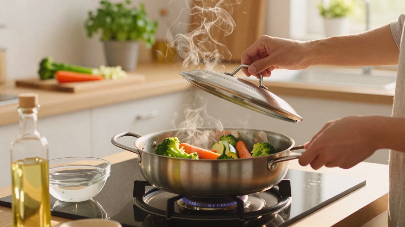 Tampa a panela com legumes a vapor, como brócolos e cenouras, numa cozinha moderna iluminada.