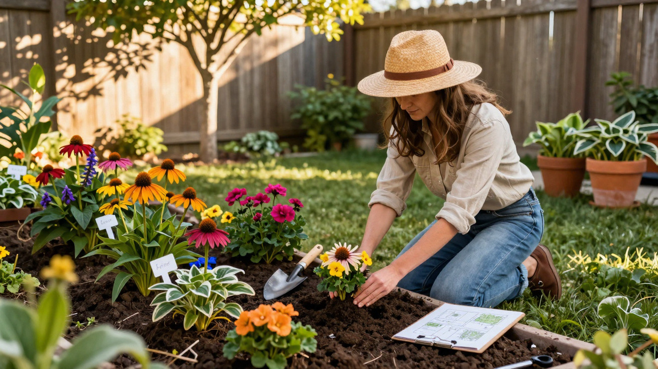 Mulher de chapéu a plantar flores coloridas num canteiro de jardim ao ar livre, com ferramentas e caderno.