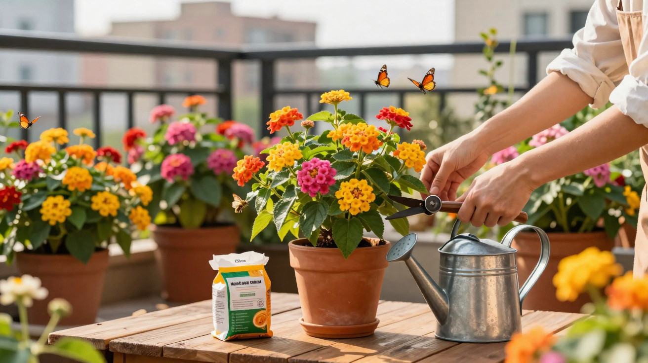 Pessoa a podar flores multicolores em vaso num terraço com regador e borboletas em voo.
