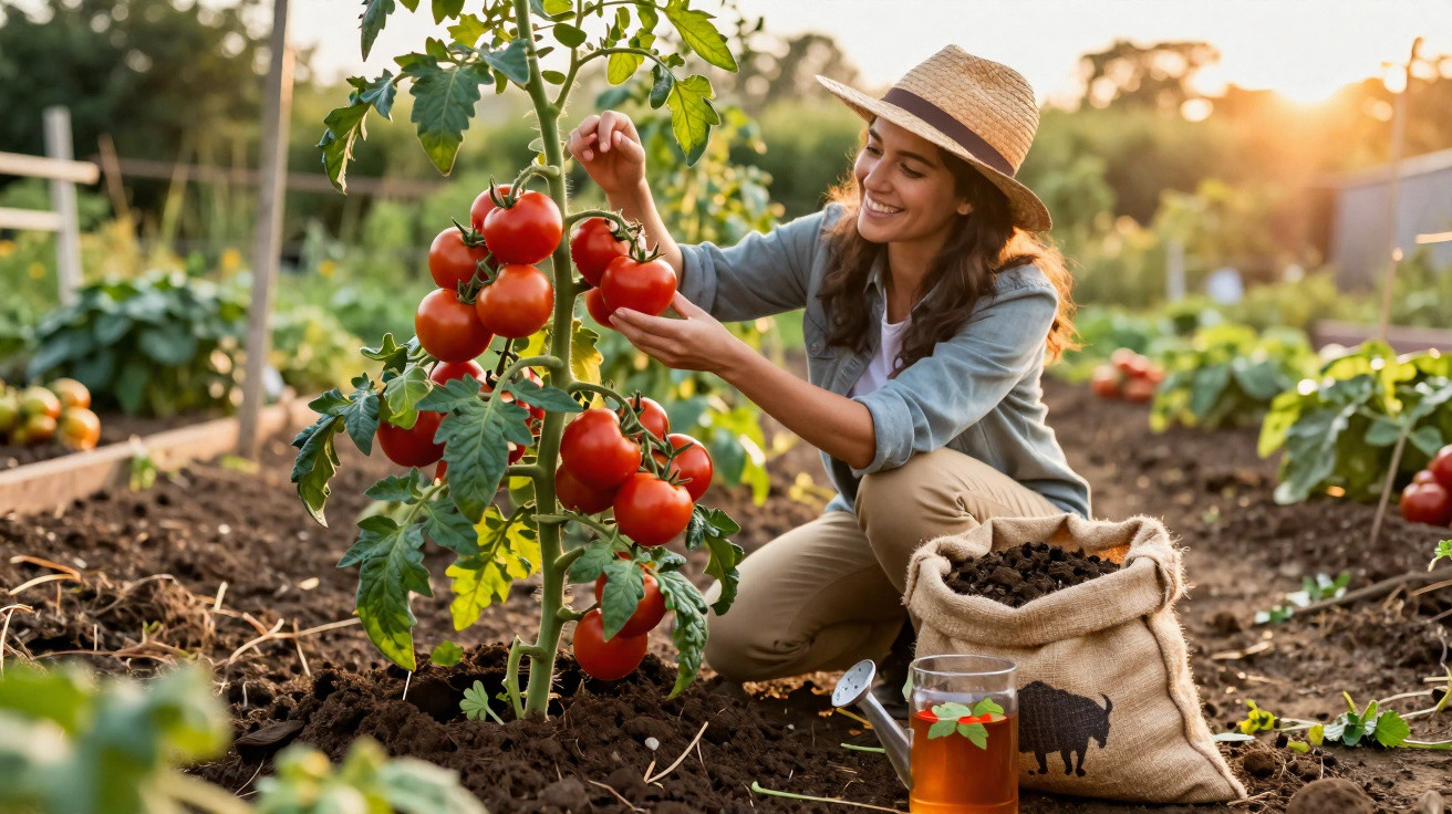 Mulher com chapéu colhe tomates maduros numa horta ao pôr do sol, rodeada de vegetação.