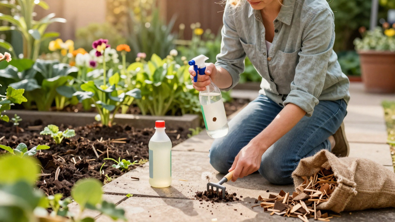 Pessoa a regar plantas com pulverizador num jardim junto a saco de adubo e rastelo.