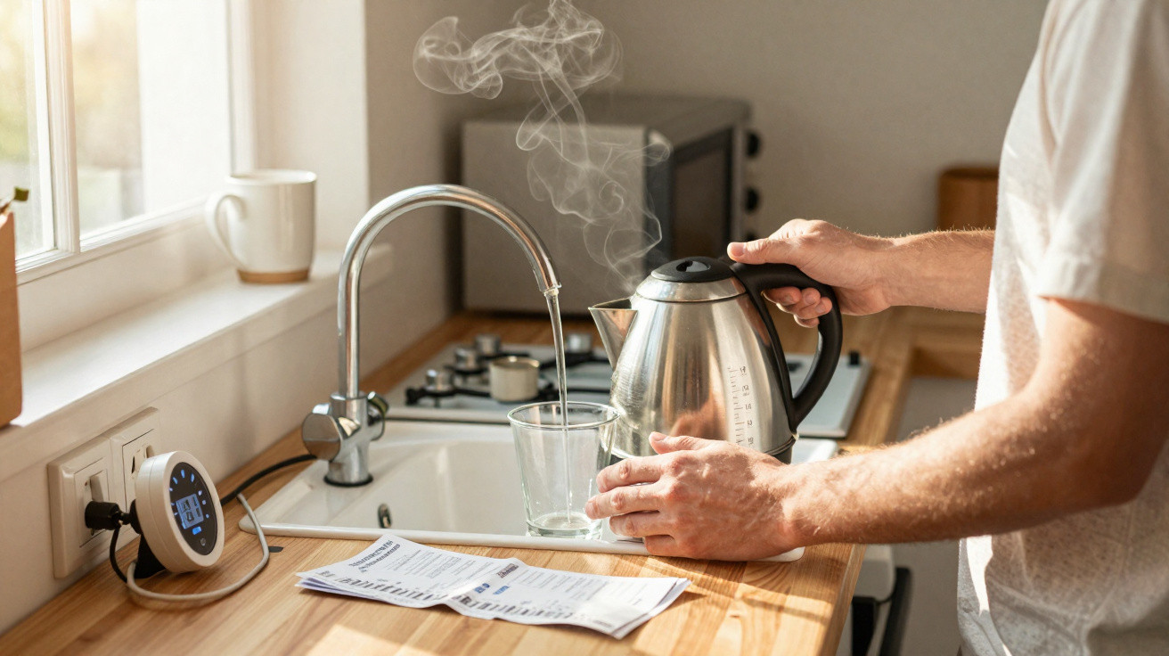 Pessoa a verter água quente de jarro elétrico para copo na cozinha com luz natural e documentos na bancada.