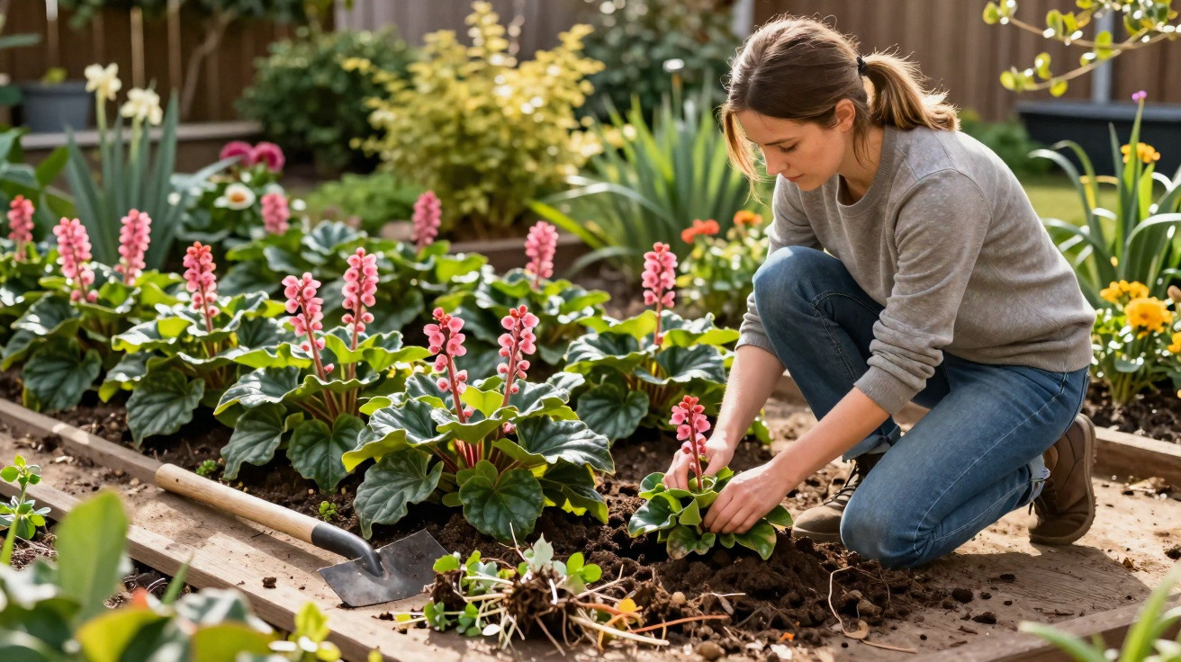 Mulher a plantar flores cor-de-rosa num jardim bem cuidado com ferramentas de jardinagem junto.