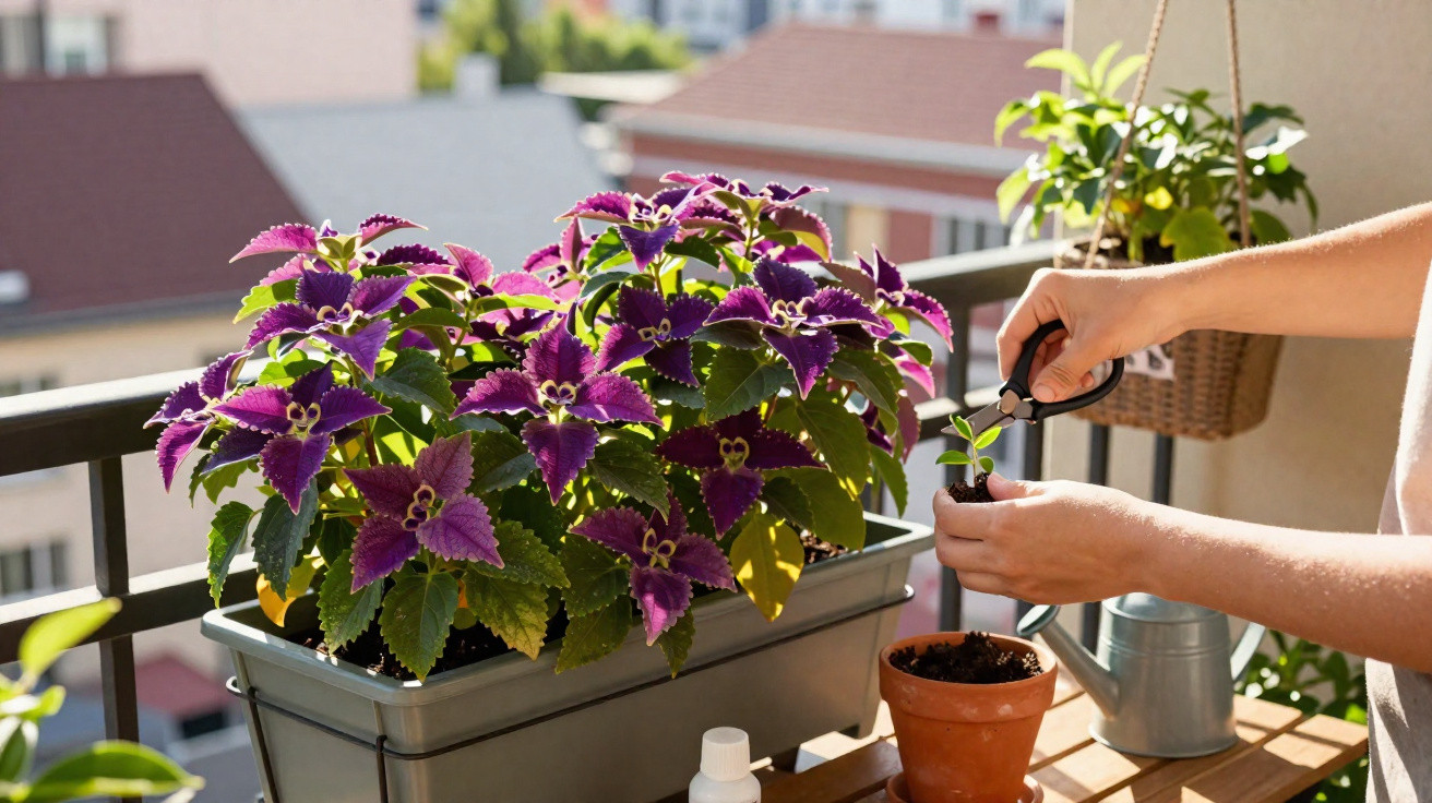 Pessoa a podar planta com folhas roxas num vaso no terraço de um apartamento ensolarado.